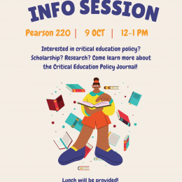 Flyer with image of a person surrounded by books that are floating. Above the image there is text: #CritEPol Info Session. Pears 220 | 9 Oct. | 12-1pm Interested in critical education policy? Scholarship? Research? Come learn more about the Critical Education Policy Journal Below the image Lunch will be provided! Questions? Email Pr. Edwin Mayorga To learn more visit: critedupolicy.swarthmore.edu/